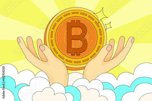 Funny cartoon modern illustration on bitcoin in god's hands on heaven in rays of lights. Meme illustration of bitcoin heaven for web news post in blog of t shirt print. Crypto Paradise bitcoin vector.