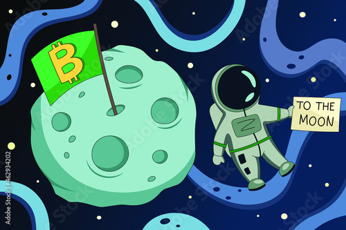 Bitcoin to the moon illustration. Price rise, good new, positive prediction image for web post, news, and blogs. Vector meme comic illustration of crypto astronaut and bitcoin flag on moon surface. 