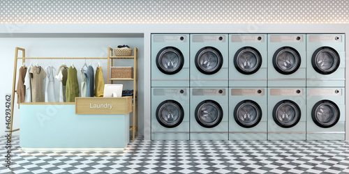 Fotografie Laundry shop interior with counter and washing machines
