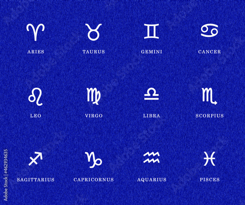 White symbols of Astrological signs on a blue background. Zodiac signs with names in Latin.
