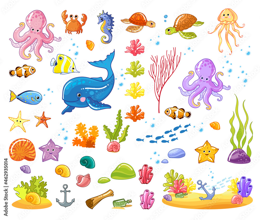 Sea set. Cartoon sea animals. Cute ocean fish, octopuses, turtles,  jellyfish, crabs, starfish, seahorse, tropical fish, treasures, algae,  coral reefs. Vector isolated illustrations Stock Vector | Adobe Stock