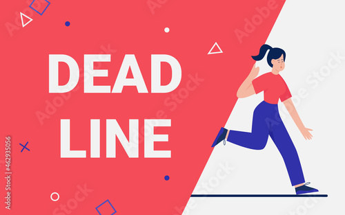 Deadline, stress time management concept vector illustration. Cartoon busy stressed woman character running fast from deadline lettering, person rushing in hurry and panic to get on time background
