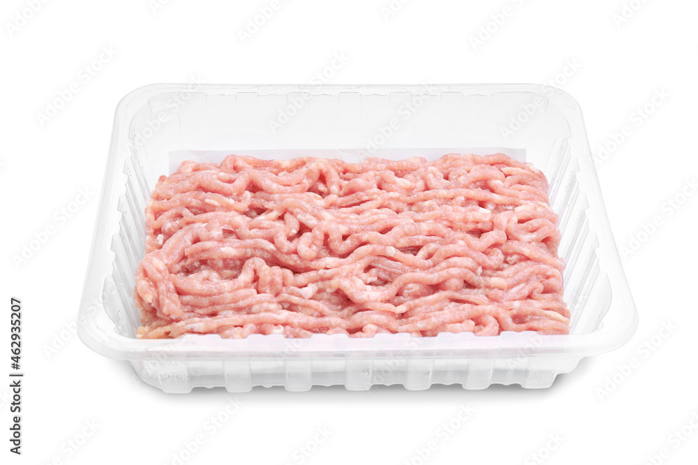 Raw chicken minced meat in container isolated on white Raw chicken minced meat in container isolated on white