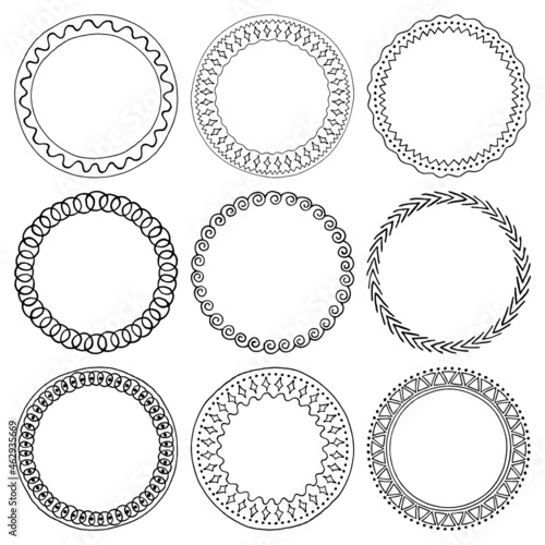 Vector set of round ink frames with hand drawn ornament