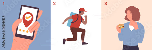 Fast express delivery with eco transport set vector illustration. Cartoon hand holding mobile phone and ordering burger, courier using segway to deliver fast food box to woman, infographic background