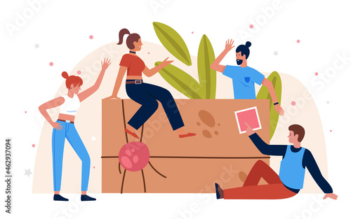 Post service, people and mail delivery vector illustration. Cartoon group of happy small man woman character sitting and standing on vintage big envelope letter with ribbon and stamp isolated on white