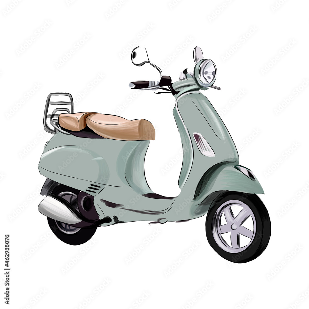 Vintage, retro scooter from multicolored paints. Splash of watercolor, colorful drawing, realistic. Vector of paints Adobe Stock