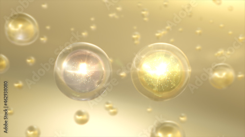 Macro shot of various Pink and Gold bubbles in water rising up on light background. Beauty glossy Moisturizing bubble blobs or drops 3D Rendering 6k.
