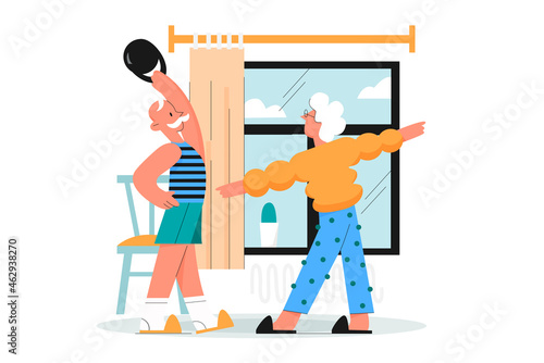 Elderly family people do sport exercises at home vector illustration. Cartoon couple grandparents characters training, active old man with kettlebell, sportive retirement activity isolated on white