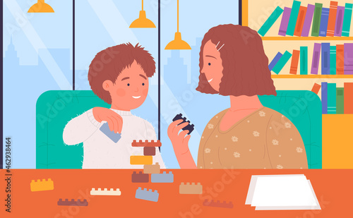 Mother and son spend time together indoor vector illustration. Cartoon parent and child play fun game at table, mom with boy building creative tower of bricks. Leisure of happy family concept