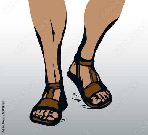 Legs walk along the road. Vector drawing