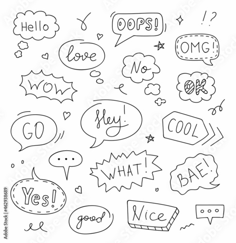 Set of speech bubbles with text: Hello, Love, Ok, Wow, No. Doodle sketch style. Vector illustration.