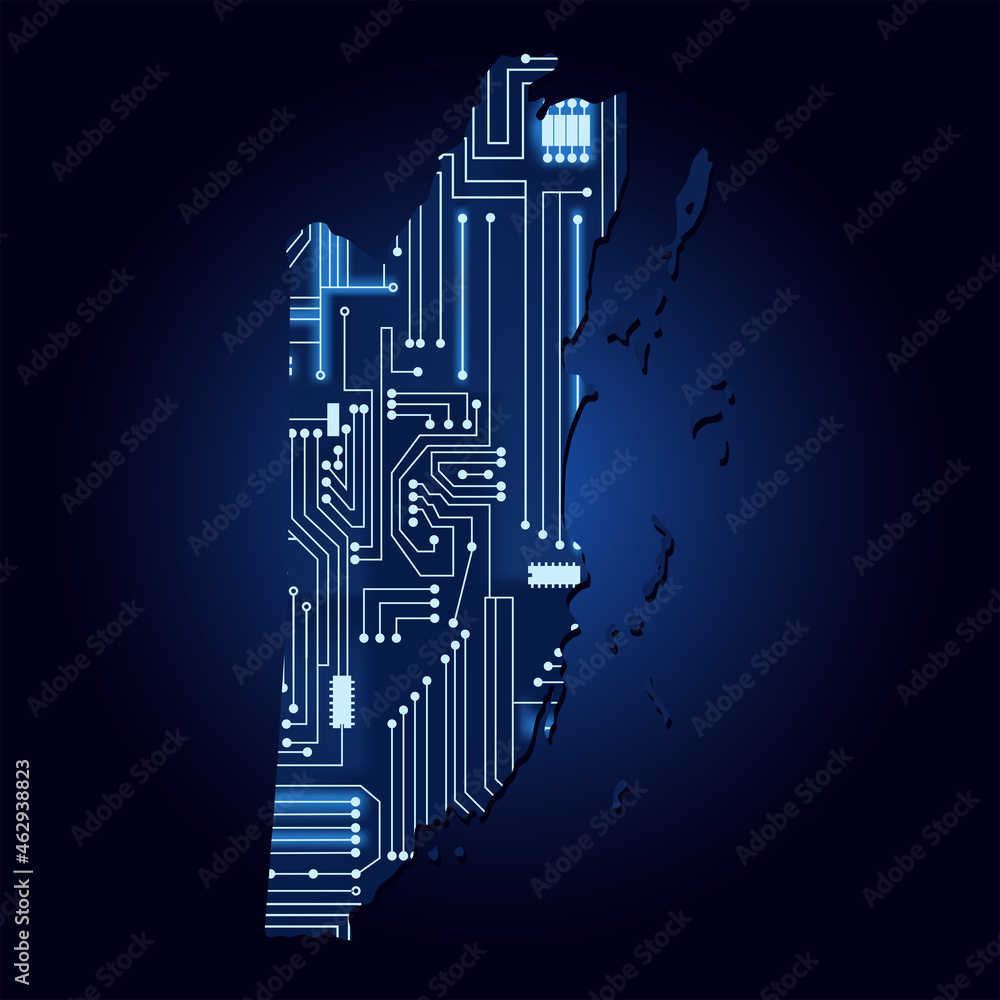 Fototapeta premium Map of Belize with electronic circuit. Contour map of Belize with a technological electronics circuit.