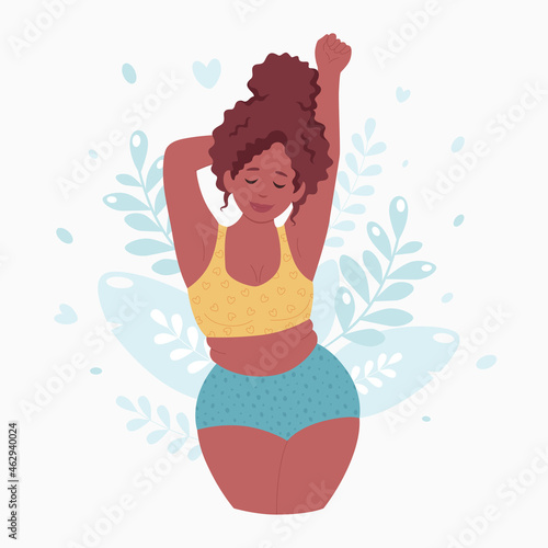 Love your body, body positive, beauty diversity concept. Attractive overweight black woman in underware. Vector illustration