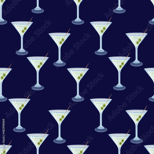 Martini cocktail glass pattern on dark blue background