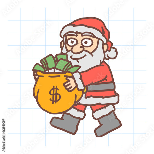 Santa Claus holding bag money and smiling. Vector character. Vector Illustration