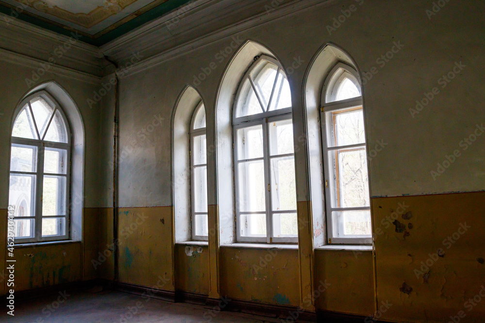 Interior of old abandoned Sharovka palace, also known as Sugar Palace in Kharkov region, Ukraine