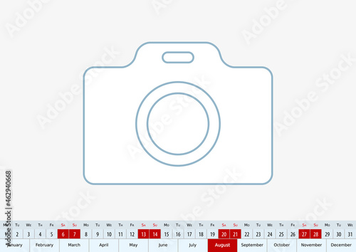 August 2022 for desk calendar. Vector template.
