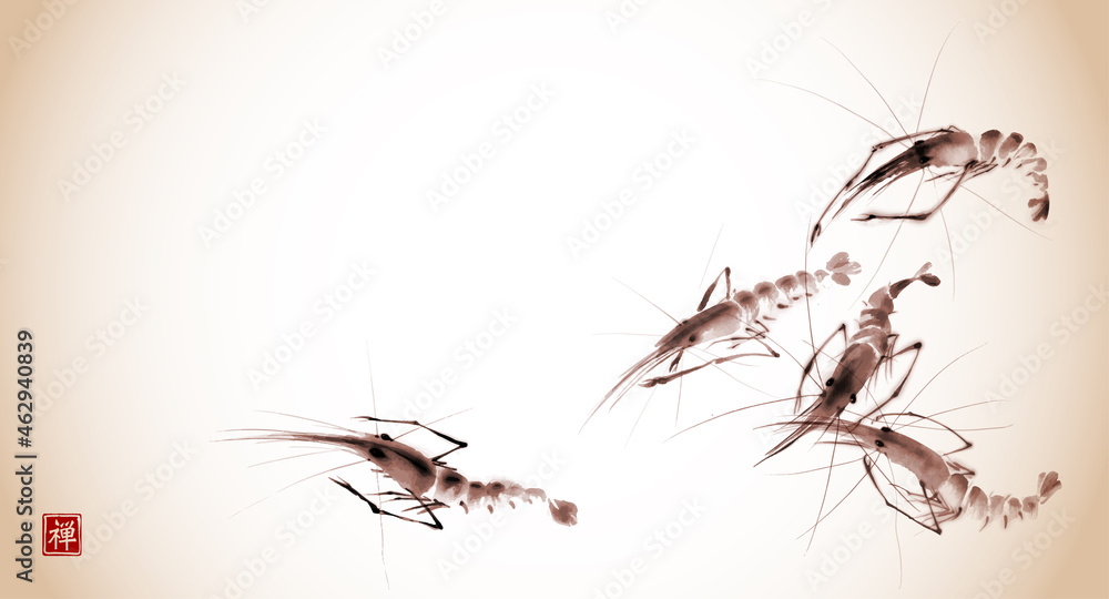 Fototapeta premium Ink painting of prawns in vintage style. Traditional oriental ink painting sumi-e, u-sin, go-hua. Translation of hieroglyph - well-being