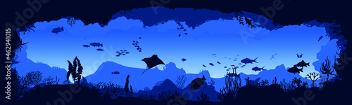 Silhouette of fish and algae on the background of the reefs. Panoramic wallpaper with the underwater world. Underwater landscape. vector