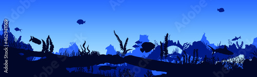 Silhouette of fish and algae on the background of the reefs. Panoramic wallpaper with the underwater world. Underwater landscape. vector