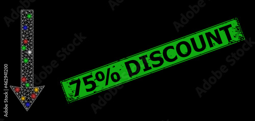 Flare mesh web send down with colorful light spots, and grunge 75% Discount seal stamp. Green stamp seal contains 75% Discount tag inside framed rectangle.