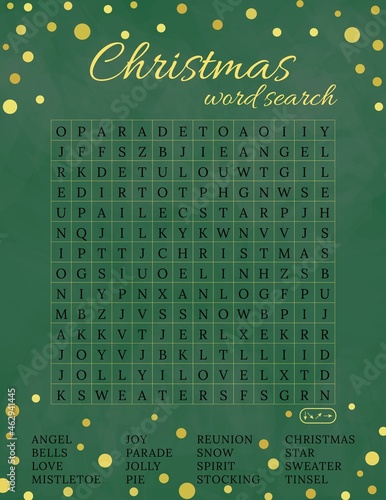 Christmas word search puzzle. printable activity winter game.  holiday party game.  DIY template. Find 16 words.  Educational crossword for learning English. Suitable for social media post  
