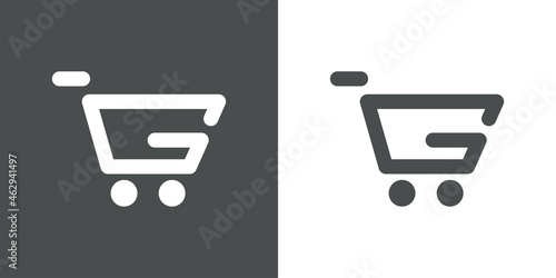 Logotipo con letra inicial G con forma de carrito de la compra en fondo gris y fondo blanco