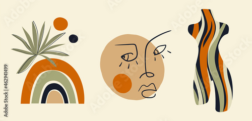 Modern minimalist abstract aesthetic illustrations. Bohemian style wall decor. Collection of earth tone contemporary artistic posters.