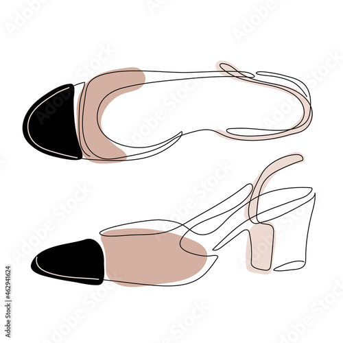 Pair kitten heels or slingback for vogue women. Vector one line art classic shoes.