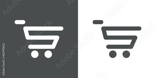 Logotipo con letra inicial S con forma de carrito de la compra en fondo gris y fondo blanco