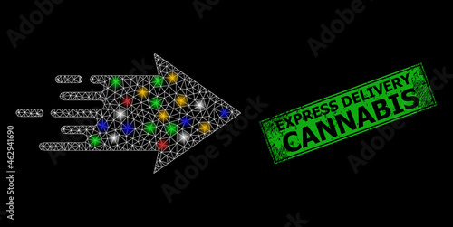 Glare mesh net speed arrow with multicolored glowing spots, and grunge Express Delivery Cannabis stamp. Green seal contains Express Delivery Cannabis caption inside framed rectangle.