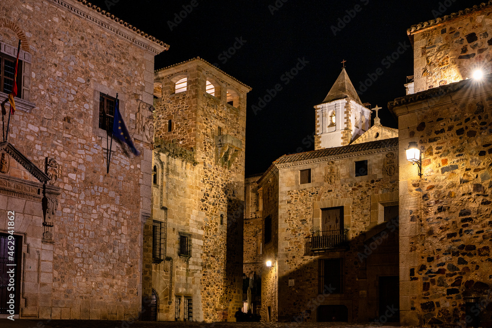 San Francisco Javier church built in baroque style in Caceres, Spain at night