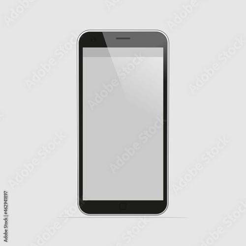 Smartphone mockup with blank screen. Black vector frameless smart phone, cellphone isolated on grey background