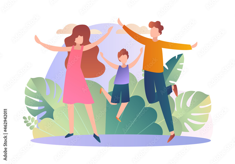 Healthy family walking. Father, mom and son walking in park in good weather. Summer, spring. Taking care of your health, active rest, spending time together. Cartoon flat vector illustration