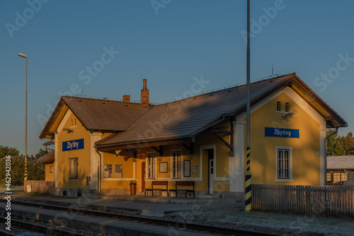 Fototapeta Naklejka Na Ścianę i Meble -  Zbytiny station with blue sky and sunrise light in Sumava autumn mountains