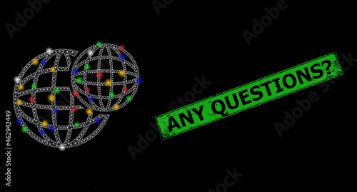 Bright mesh web spheric balls with multicolored glowing spots, and grunge Any Questions? seal stamp. Green stamp seal has Any Questions? caption inside framed rectangle.