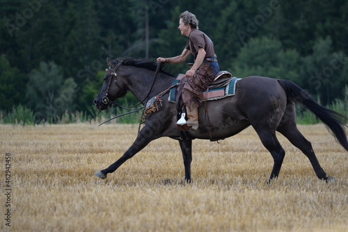countrygirl. Frau galoppiert mit schwarzem Pferd über ein Stoppelfeld © Grubärin