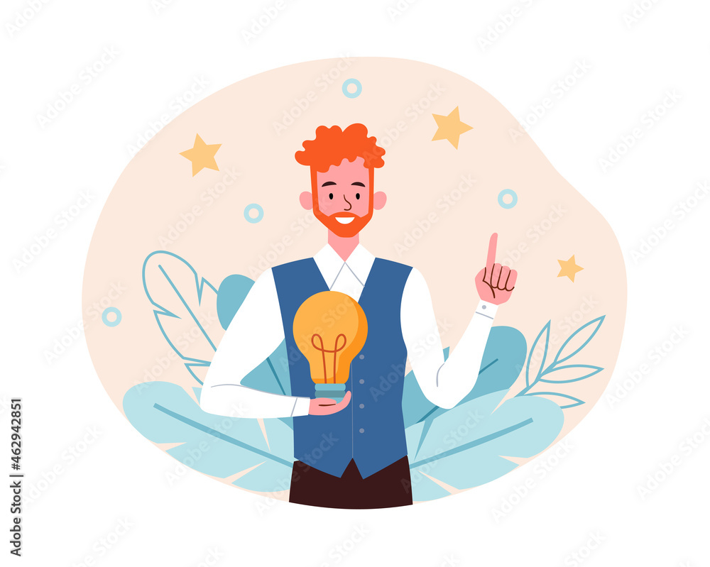 Innovation, inspiration concept. Man holds light bulb in his hand, human has idea. Development of new device, creative, thinking. Cartoon flat vector illustration isolated on white background Innovation, inspiration concept. Man holds light bulb in his hand, human has idea. Development of new device, creative, thinking. Cartoon flat vector illustration isolated on white background