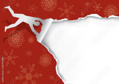 
Flying man,tearing paper, funny torn paper Christmas banner template. 
Paper male silhouette ripping red christmas paper background. Unwrapping gift. Vector available.