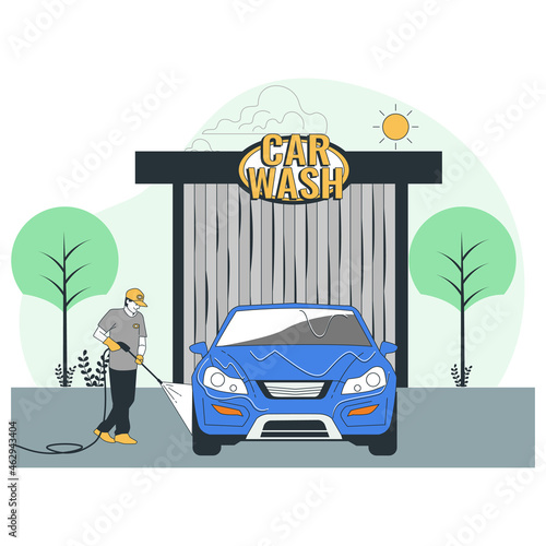 Car cleaning with high pressure water. Car wash vector illustration