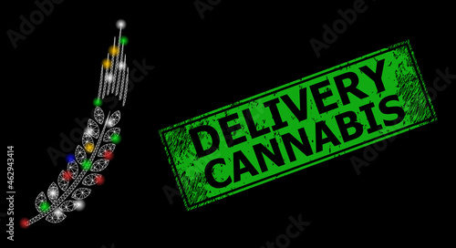 Glare mesh net wheat ear with colorful glowing spots, and grunge Delivery Cannabis seal stamp. Green stamp contains Delivery Cannabis tag inside framed rectangle.