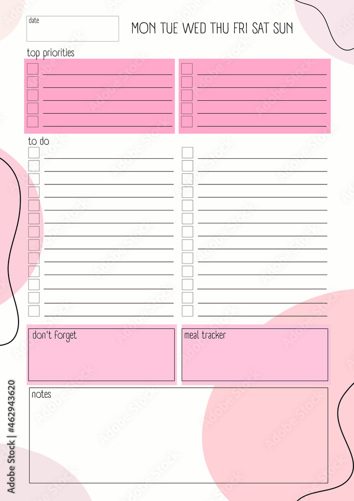 to do list. meal tracker. modern daily planner with pink ellements  A4 minimal planner, productivity planner 