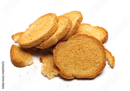 Integral bread, pile rusks with wholewheat flour, sliced whole wheat dry rusk bread isolated on white 