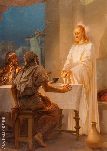 Fotografie ROME, ITALY - AUGUST 28, 2021: The painting of Supper in Emaus in the church Chiesa san Giacomo in Augusta by Ettore Ballerini (1910)