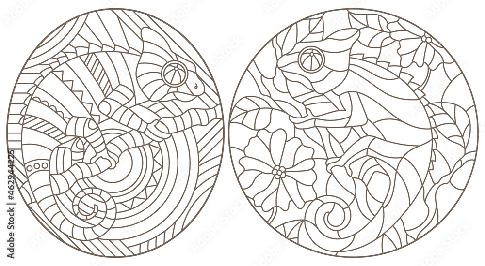 A set of contour illustrations of stained glass Windows with abstract chameleons, dark outlines on a white background, oval images A set of contour illustrations of stained glass Windows with abstract chameleons, dark outlines on a white background, oval images