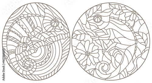 A set of contour illustrations of stained glass Windows with abstract chameleons, dark outlines on a white background, oval images