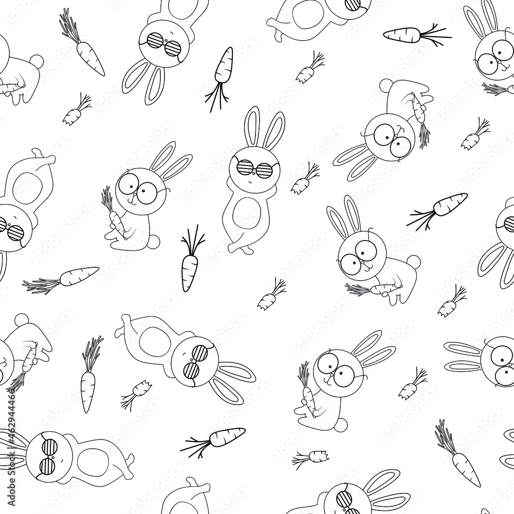 Seamless pattern with cute rabbits and carrot. Perfect for apparel, fabric, textile, wrapping paper,decoration, T-shirt, card, scrapbooking. Vector illustration. Seamless pattern with cute rabbits and carrot. Perfect for apparel, fabric, textile, wrapping paper,decoration, T-shirt, card, scrapbooking. Vector illustration.