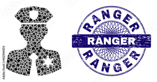 Geometric mosaic police patrolman, and Ranger scratched stamp seal. Blue stamp seal contains Ranger text inside circle shape. Vector police patrolman collage is composed from scattered circle,