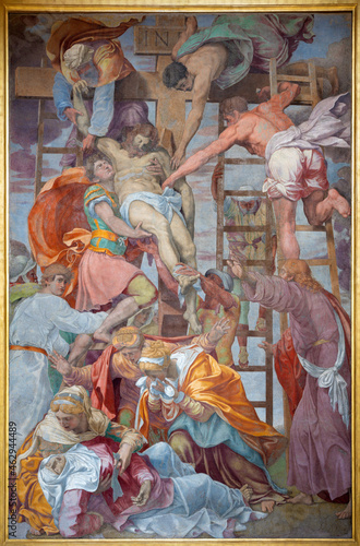 ROME, ITALY - AUGUST 28, 2021: The Deposition of the cross fresco by Daniele da Volterra (after 1546) in church Chiesa della Trinita dei Monti.